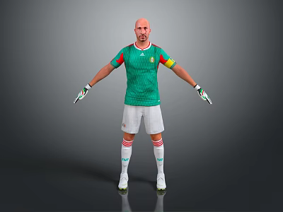 A Man in Green Soccer Jersey Red Details White Shorts Goalkeeper Gloves Arms Outstretched 3d model