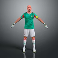 A Man in Green Soccer Jersey Red Details White Shorts Goalkeeper Gloves Arms Outstretched