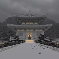 Traditional Ancient Chinese Architecture With Illuminated Roof Eaves Stone Path Lanterns And Greenery