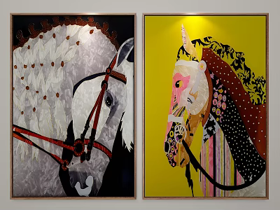 Colorful Animal Paintings Of Horse And Unicorn With Red Reins Floral Decor And Yellow Background 3d model