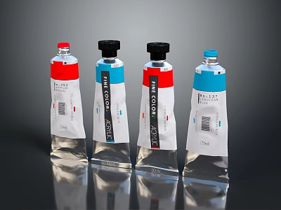 Art Color Paint Tubes With Red Blue Labels And Colorful Caps On Reflective Black Background 3d model