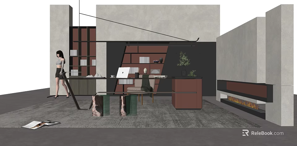 Modern Home Office Desk With Wooden Bookshelf Green Plant And Laptop Chair 3d model 