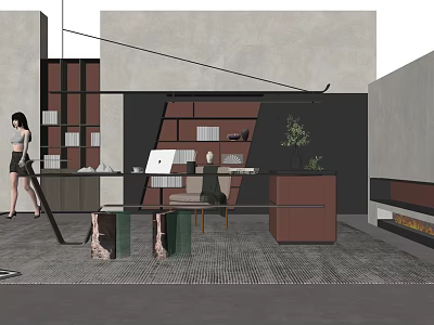 Modern Home Office Desk With Wooden Bookshelf Green Plant And Laptop Chair 3d model