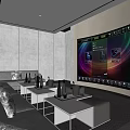 Modern Home Theater Interior With Large Screen Comfortable Sofa Coffee Tables And Recessed Lighting