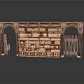Ornate Vintage Wooden Bookcase With Arched Carvings Multiple Shelves Fence Like Panels Filled With Books