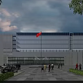 Modern Office Building with Glass Curtain Walls Red Flag at Entrance Trees People and Cars