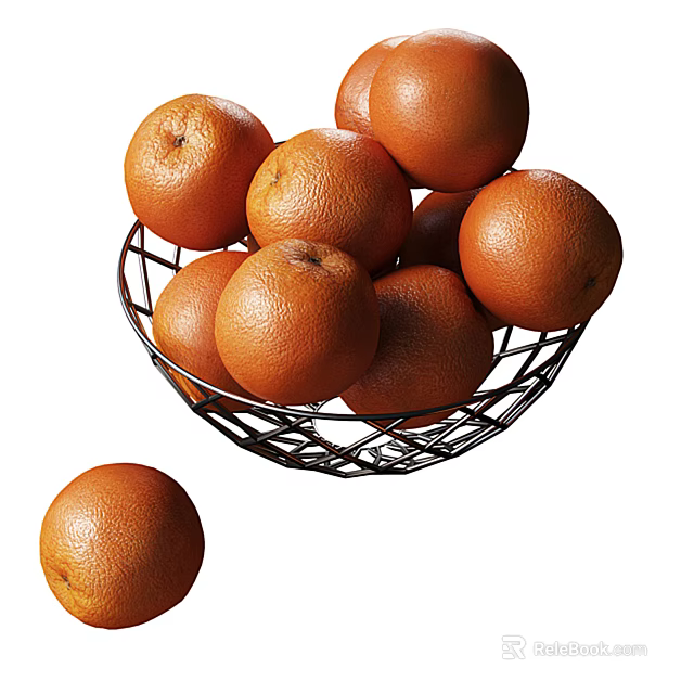 Fresh Oranges in a Metal Basket and One Beside 3d model 