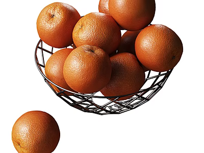 Fresh Oranges in a Metal Basket and One Beside 3d model