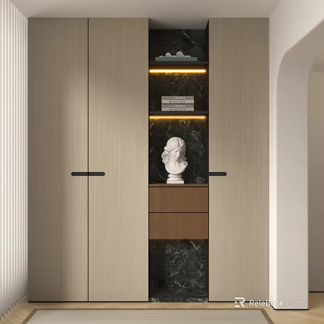 Modern Wooden Decorative Cabinet With Marble Panel LED Lighting And White Bust Sculpture 3d model 