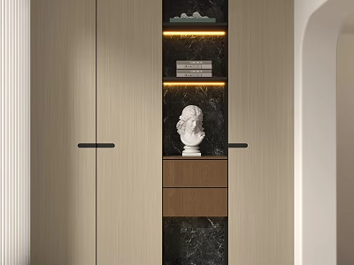 Modern Wooden Decorative Cabinet With Marble Panel LED Lighting And White Bust Sculpture 3d model