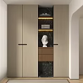 Modern Wooden Decorative Cabinet With Marble Panel LED Lighting And White Bust Sculpture