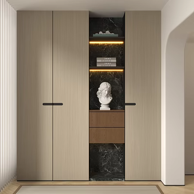 Modern Wooden Decorative Cabinet With Marble Panel LED Lighting And White Bust Sculpture 3d model