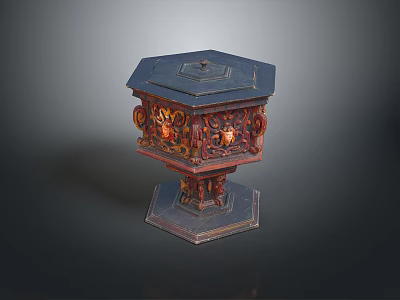 Office Desk With Decorative Hexagonal Carved Box And Intricate Red Gold Patterns 3d model