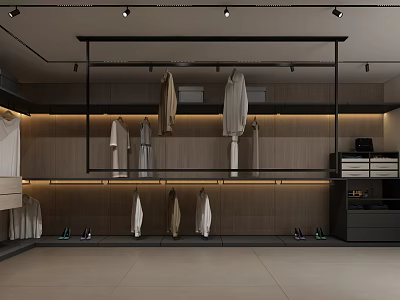 Modern Walk in Closet Interior Design With Hanging Clothes Wooden Walls And Recessed Lighting 3d model