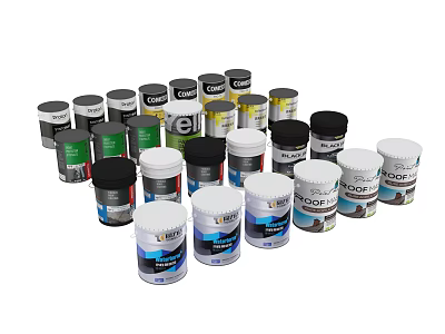 Various Colored Industrial Paint Cans With Multiple Brands And Stacked Arrangement 3d model