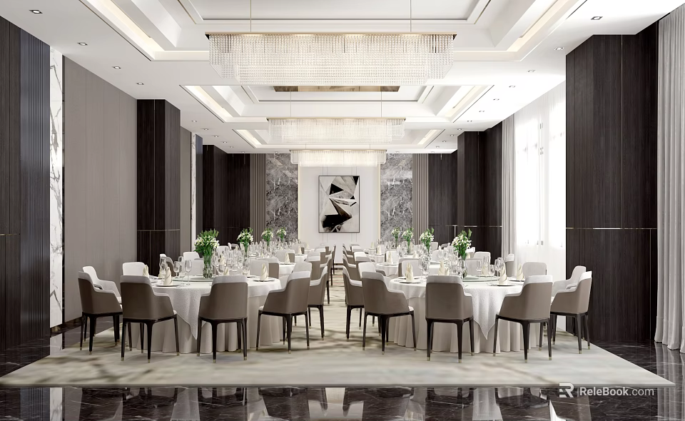 Luxury Banquet Hall Interior Design With Chandeliers Dining Tables Arranged Chairs And Flower Decorations 3d model 