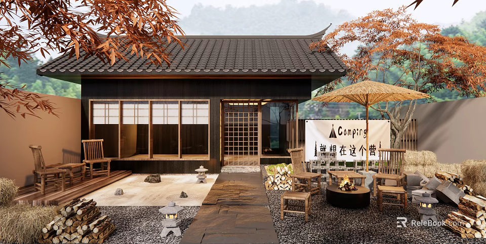 Rural Landscape Featuring Japanese-style Cottage Black Tiled Roof Open Courtyard Wooden Furniture And Bonfire Pit 3d model 