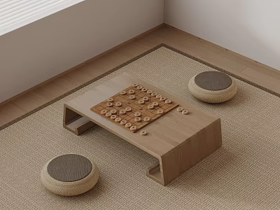 Cozy Room Corner Featuring Wooden Coffee Table Chessboard Round Cushions And Beige Rug 3d model