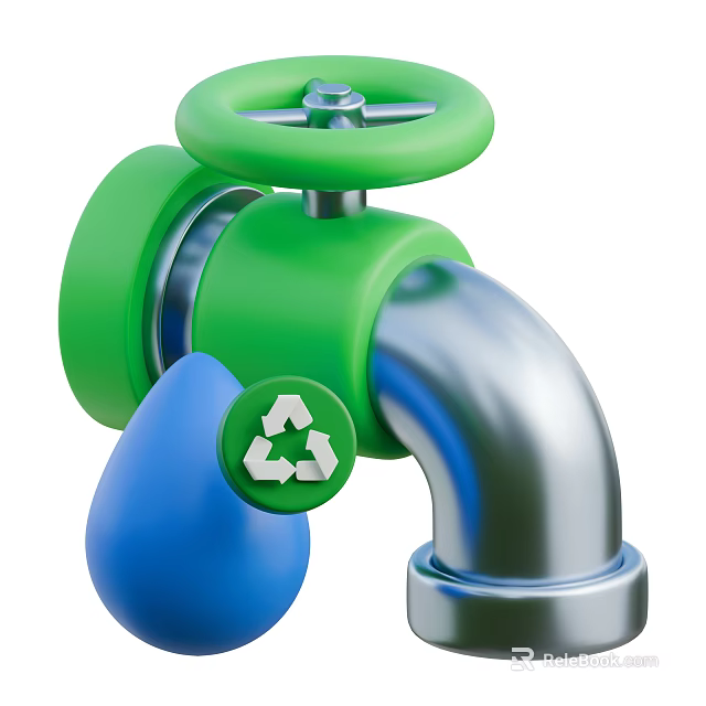 Eco Decorative Ornament Set With Green Valve Silver Pipe Blue Water Drop And Recycle Symbol 3d model 