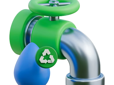 Eco Decorative Ornament Set With Green Valve Silver Pipe Blue Water Drop And Recycle Symbol 3d model