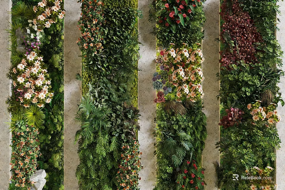 Stunning Living Plant Wall Design With Diverse Greenery And Colorful Blooms 3d model 