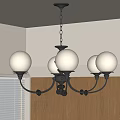 Black Frame Chandelier With White Spherical Shades In Room With Wooden Cabinets And Blinds