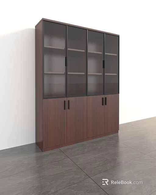 Modern Wooden Bookcase With Glass Doors And Lower Storage Cabinets In Minimalist Interior 3d model 