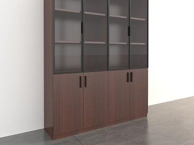 Modern Wooden Bookcase With Glass Doors And Lower Storage Cabinets In Minimalist Interior 3d model