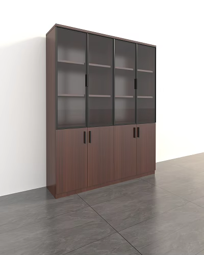 Modern Wooden Bookcase With Glass Doors And Lower Storage Cabinets In Minimalist Interior 3d model