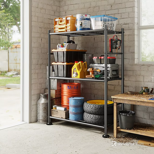 Metal Storage Shelf With Storage Bins Oil Container Tools And Tires In Garage 3d model 