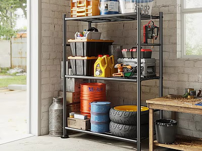 Metal Storage Shelf With Storage Bins Oil Container Tools And Tires In Garage 3d model