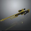Gold and Black Sniper Rifle With Scope And Gold Accents On Reflective Surface