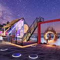 Beach Area With Thatched Hut Bar Swing Glowing Rings Starry Sunset Sky