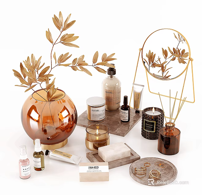 Luxurious Decorative Accessories Set With Amber Vase Golden Foliage And Fragrance Items 3d model 