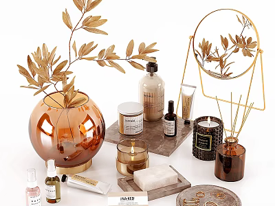 Luxurious Decorative Accessories Set With Amber Vase Golden Foliage And Fragrance Items 3d model