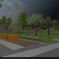 Tranquil Garden Landscape with Lush Trees Green Plants Yellow Seats and Paved Ground
