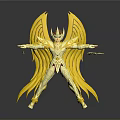 Golden Winged Mythical Figure With Ornate Armor And Holding Weapons