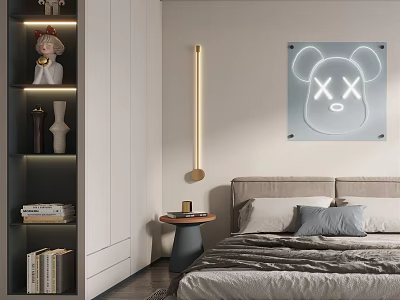 Cozy Kids Room with Bookshelf Stuffed Doll Bed and Cartoon Bear Wall Art 3d model