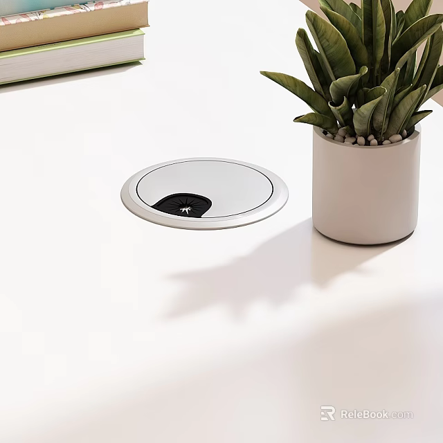 Modern Minimalist Desk Setup With White Surface Round Socket White Planter And Green Plant 3d model 
