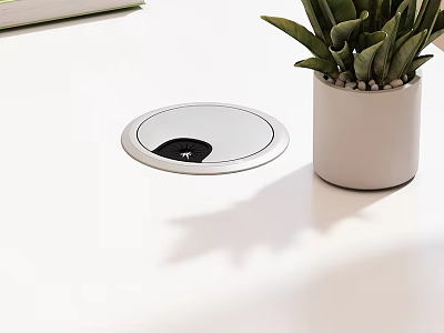 Modern Minimalist Desk Setup With White Surface Round Socket White Planter And Green Plant 3d model