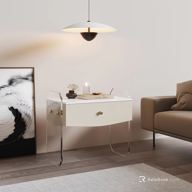 White Modern Nightstand With Transparent Legs Decorative Items Hanging Lamp Near Sofa 3d model 
