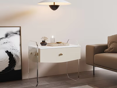 White Modern Nightstand With Transparent Legs Decorative Items Hanging Lamp Near Sofa 3d model