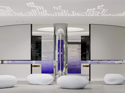Modern Style Showroom With Curved Screens Central Column White Circular Seats And Geometric Ceiling 3d model