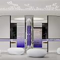 Modern Style Showroom With Curved Screens Central Column White Circular Seats And Geometric Ceiling
