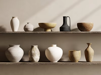 Natural Ceramic Vases And Bowls Arranged On Shelves For Minimalist Home Decor 3d model