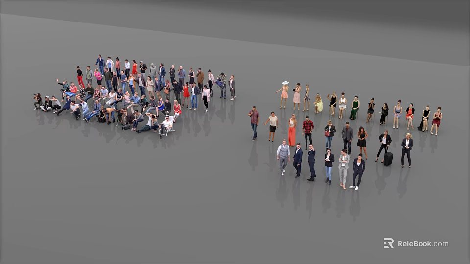 Many People Standing and Sitting Together in a Gray Space with Various Postures 3d model 