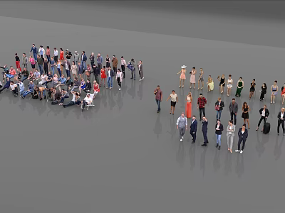 Many People Standing and Sitting Together in a Gray Space with Various Postures 3d model