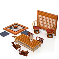 Japanese Style Wooden Furniture Collection With Bamboo Screen Tatami Mat And Red Cushioned Chairs
