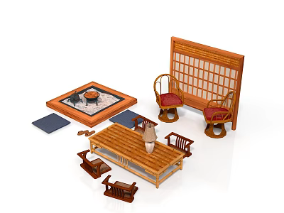 Japanese Style Wooden Furniture Collection With Bamboo Screen Tatami Mat And Red Cushioned Chairs 3d model