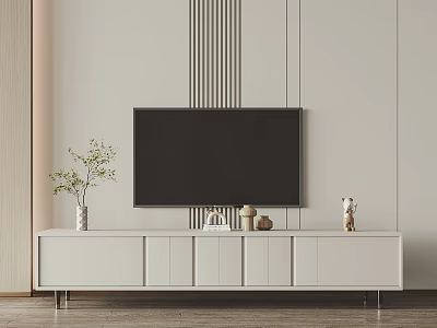 Modern White TV Stand With TV Vase And Decorative Items On Light Colored Wall Background 3d model